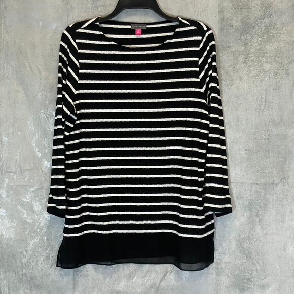 VINCE CAMUTO Women's Rich Black Striped 3/4 Sleeve Boatneck Sheer Hem Top SZ M - Picture 1 of 9